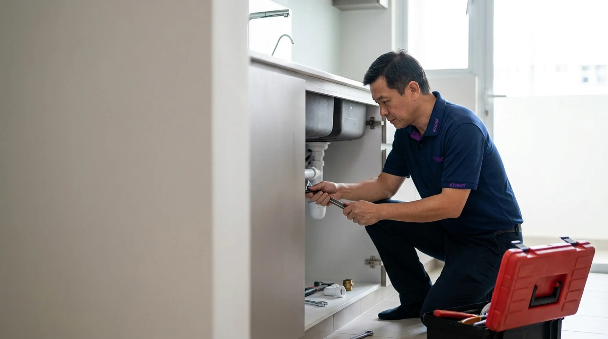 Singapore plumber attending an emergency call-out, with a phone showing a Google search for plumbing services