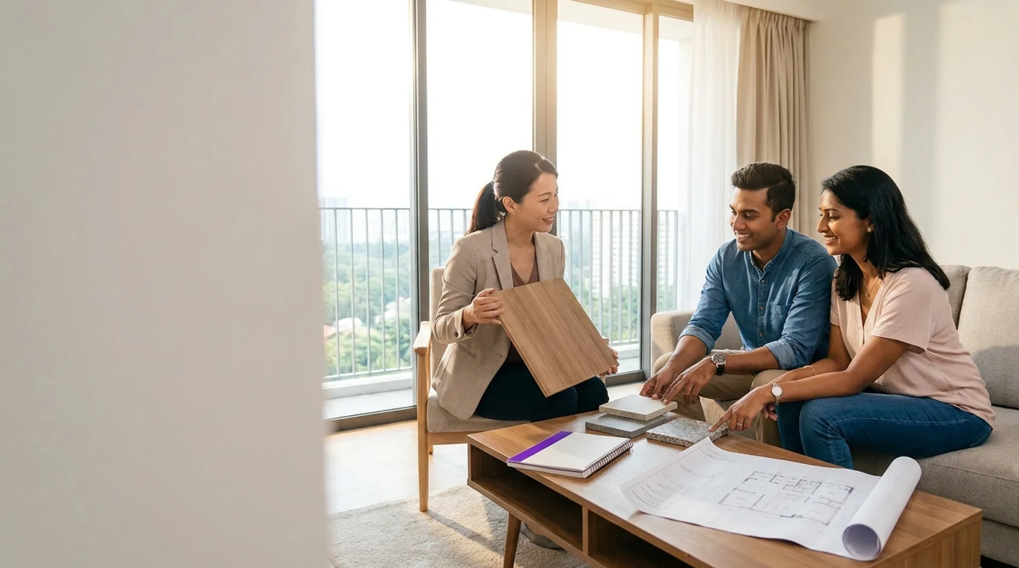 Interior designer reviewing renovation plans for a Singapore BTO flat, with a laptop showing renovation search results