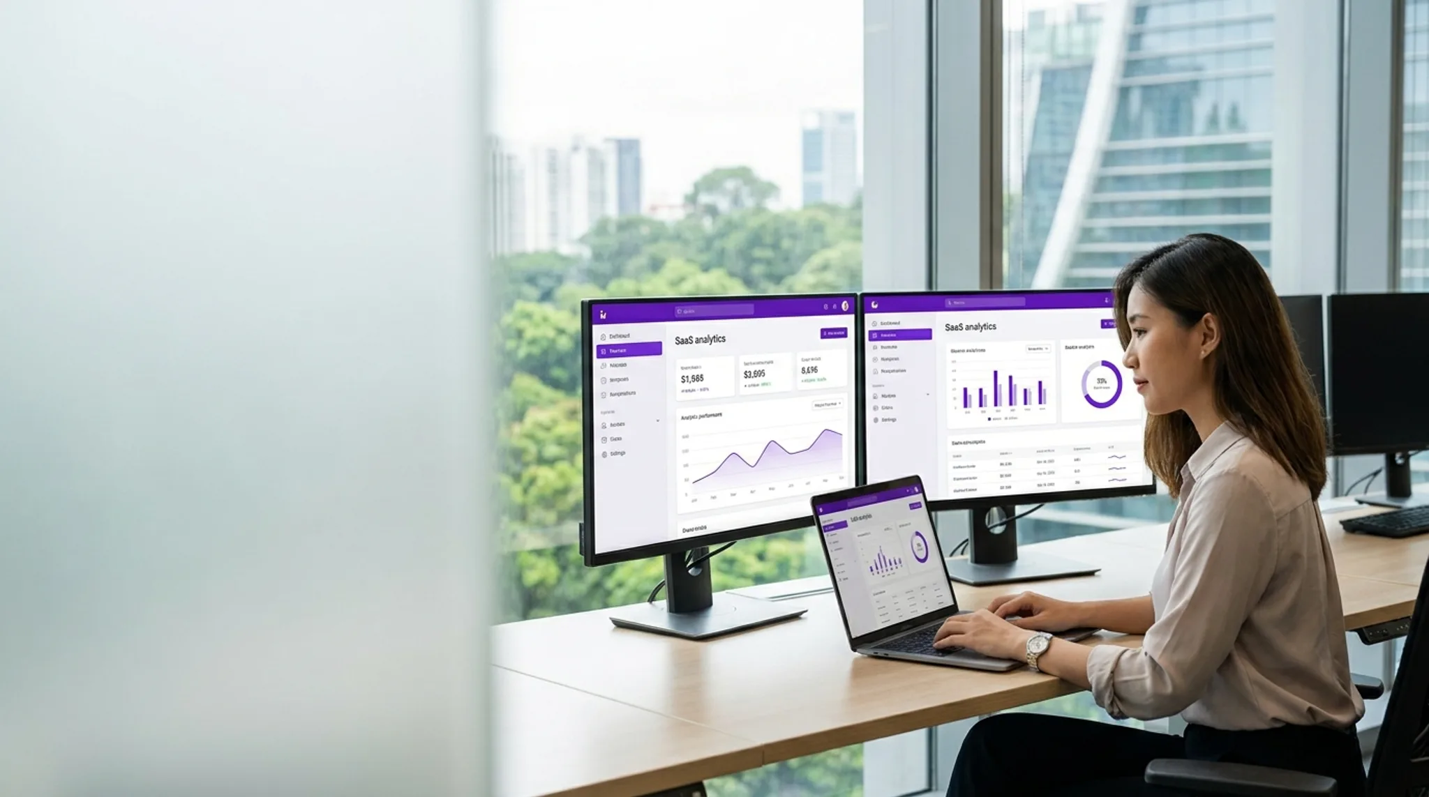 SaaS product dashboard on a laptop in a Singapore office with a Google Ads campaign showing trial signups