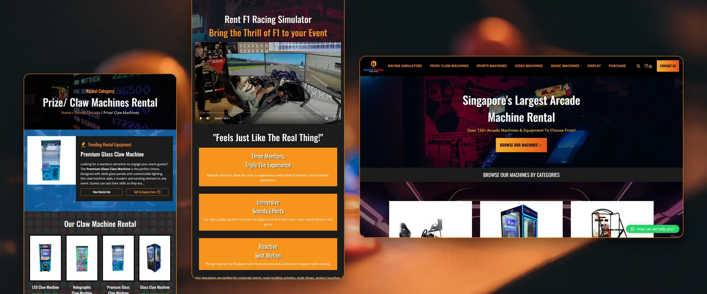 Three Arcade Rental Singapore pages over the lit buttons and joysticks of an arcade control panel, glowing orange, amber and blue: Prize/ Claw Machines Rental, with a Premium Glass Claw Machine above four claw machines; Rent F1 Racing Simulator, "Bring the Thrill of F1 to your Event", with a video of the simulator and its feature panels; and the homepage, "Singapore's Largest Arcade Machine Rental"