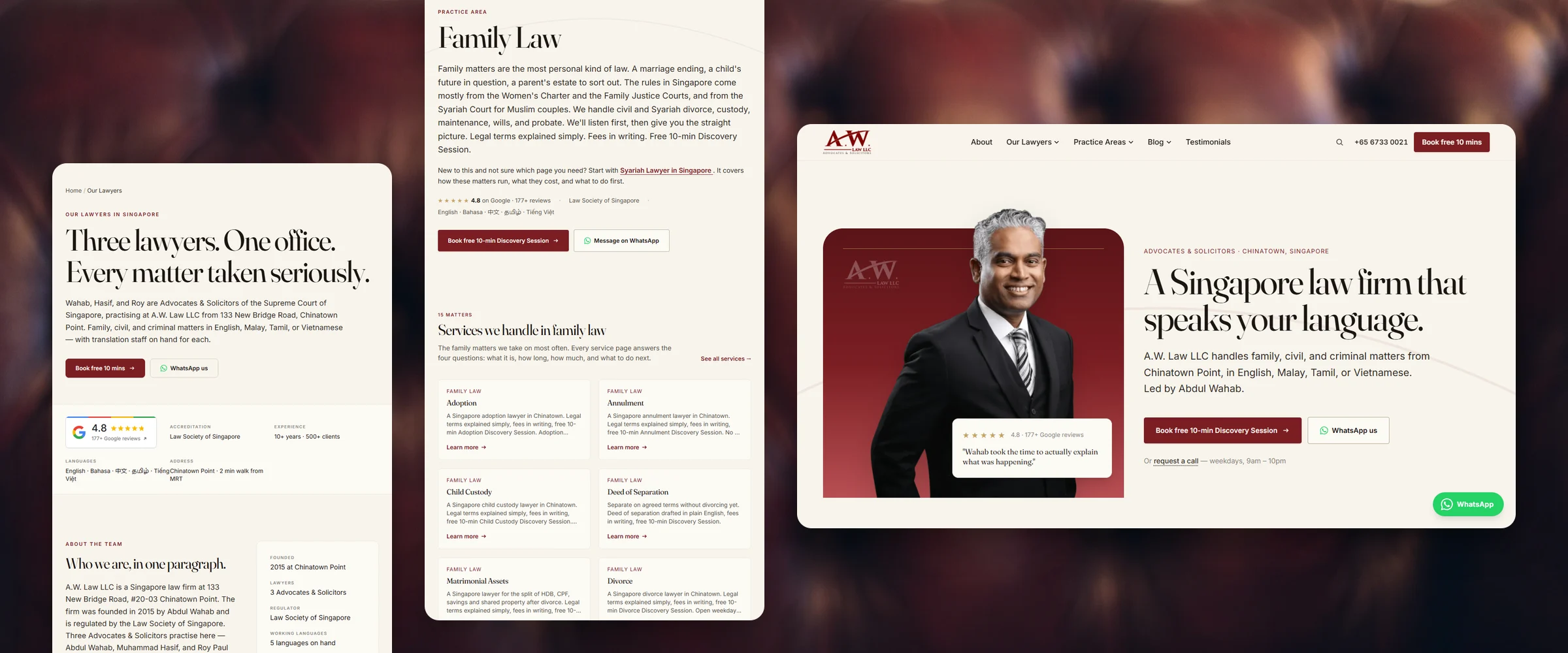 Three A.W. Law LLC pages over the out-of-focus oxblood leather of a button-tufted chesterfield: Our Lawyers, "Three lawyers. One office. Every matter taken seriously.", with the Google rating, accreditation and the firm's facts; Family Law, the practice area's introduction and its grid of matters from adoption and annulment to divorce; and the homepage, "A Singapore law firm that speaks your language."