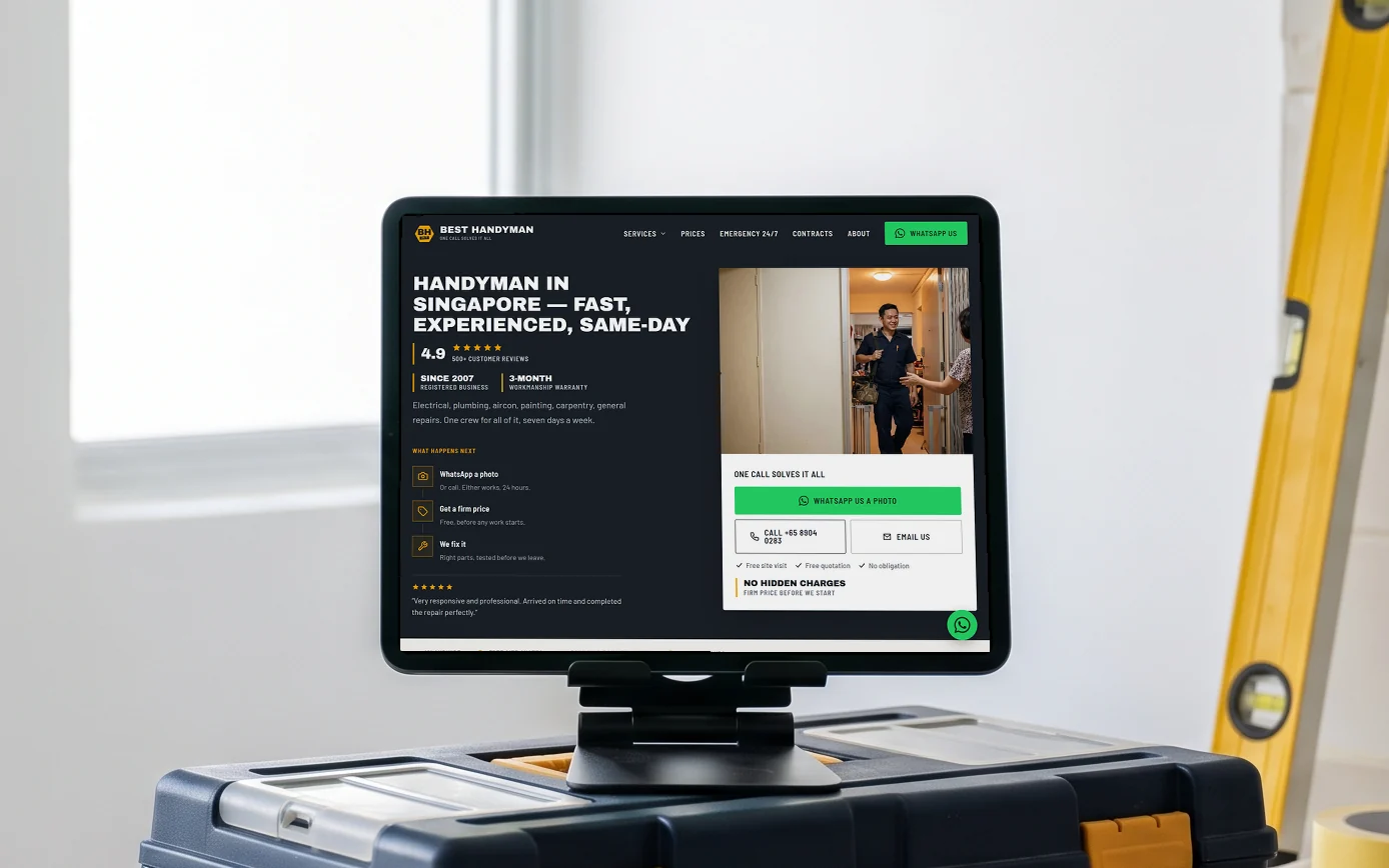 Best Handyman homepage, its "Handyman in Singapore" headline promising fast, experienced, same-day work beside a 4.9 rating and a WhatsApp-a-photo card, on a tablet standing on a toolbox in a bright HDB kitchen mid-renovation