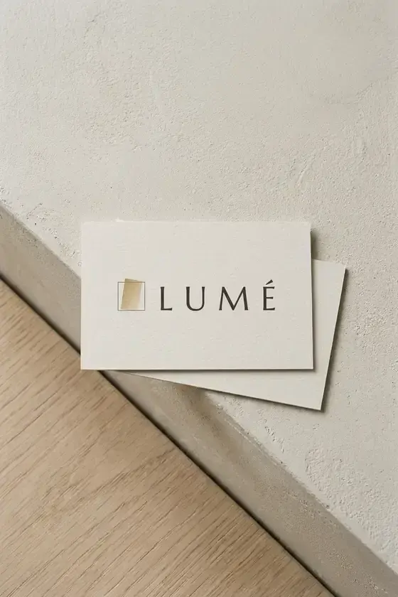 Lumé business card letterpressed on bone board, resting on pale oak