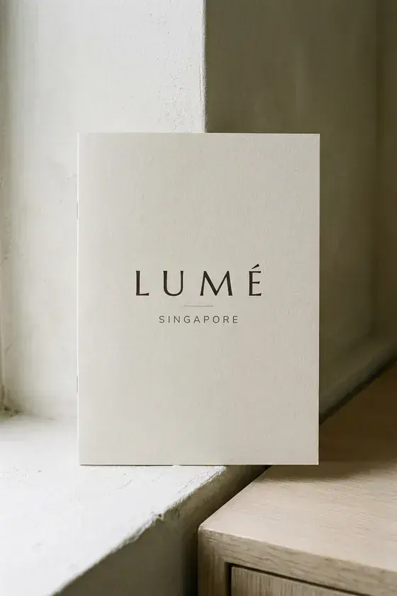 Lumé treatment menu, A5, bone cover standing against a limewash wall