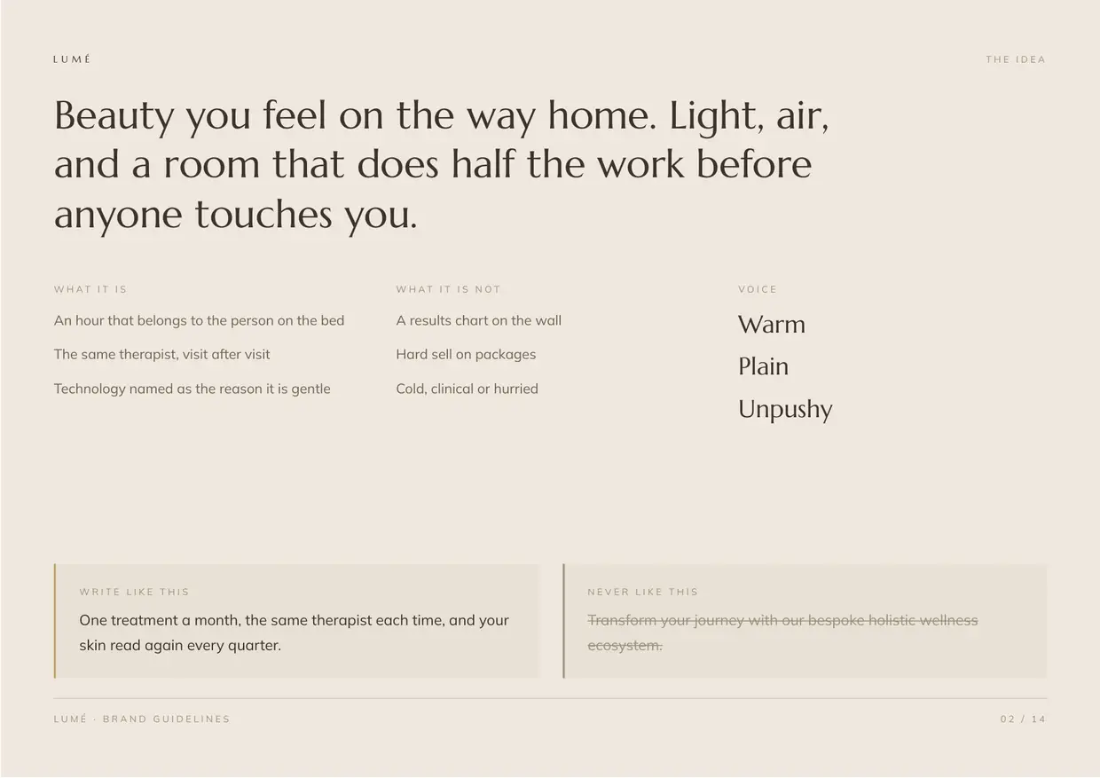 Lumé brand guidelines, page 2: The idea