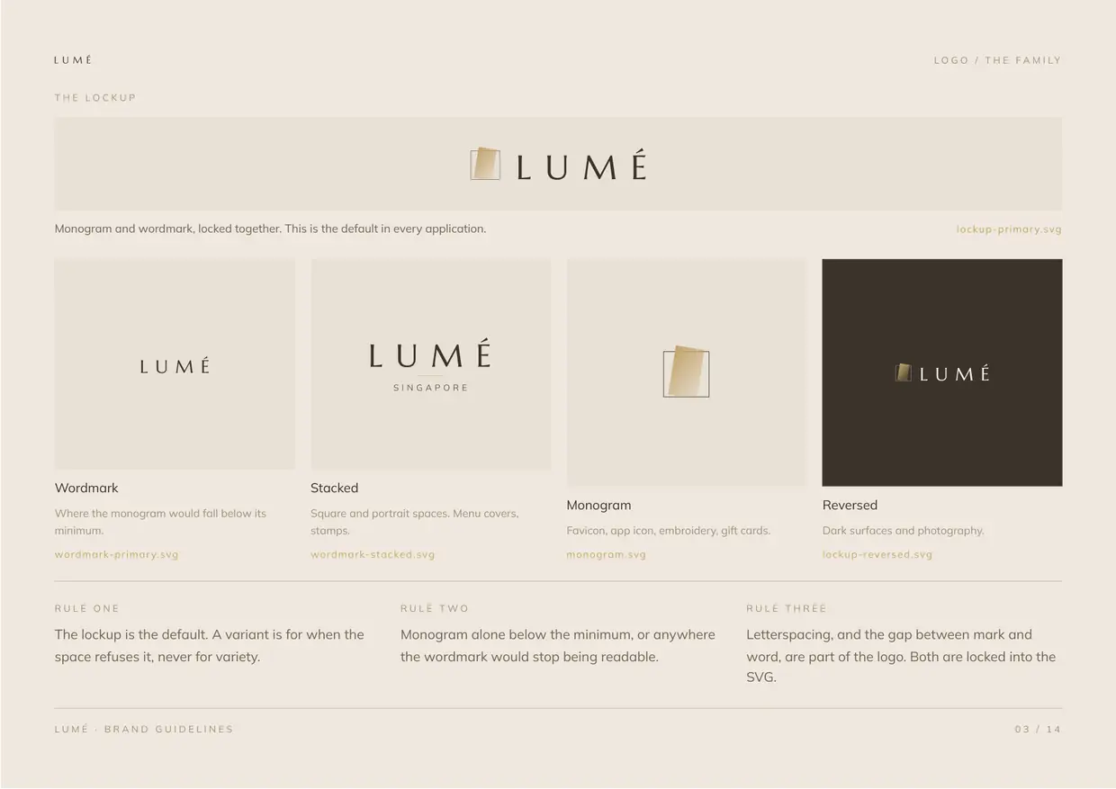 Lumé brand guidelines, page 3: Logo, the family