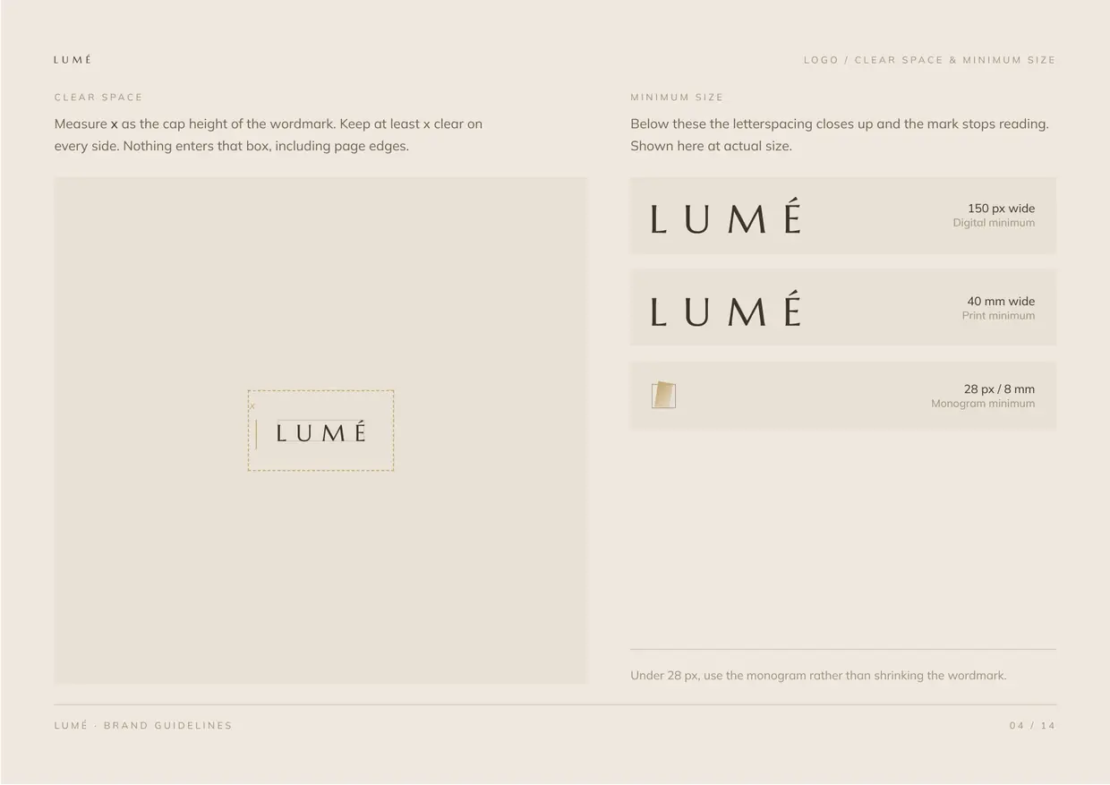 Lumé brand guidelines, page 4: Logo, clear space