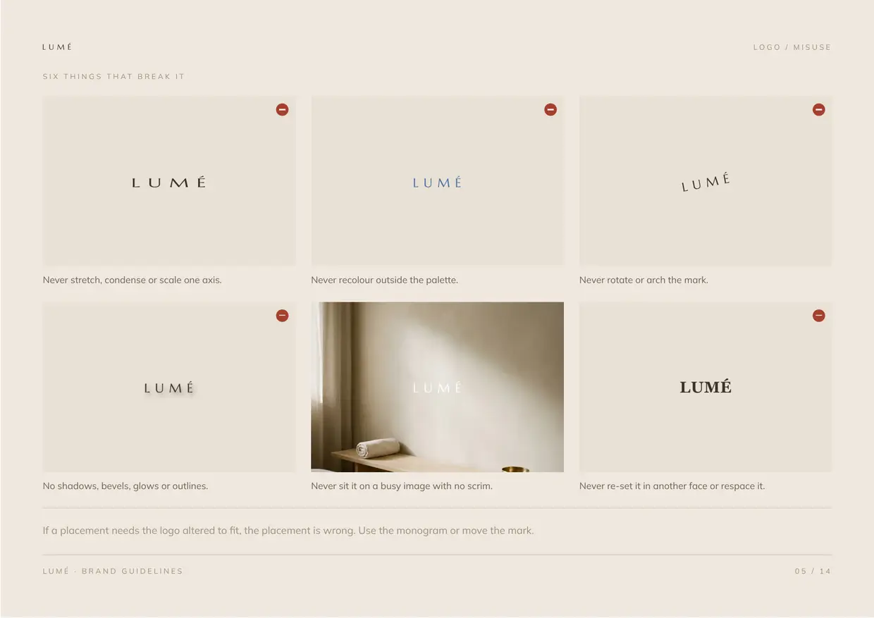 Lumé brand guidelines, page 5: Logo, misuse