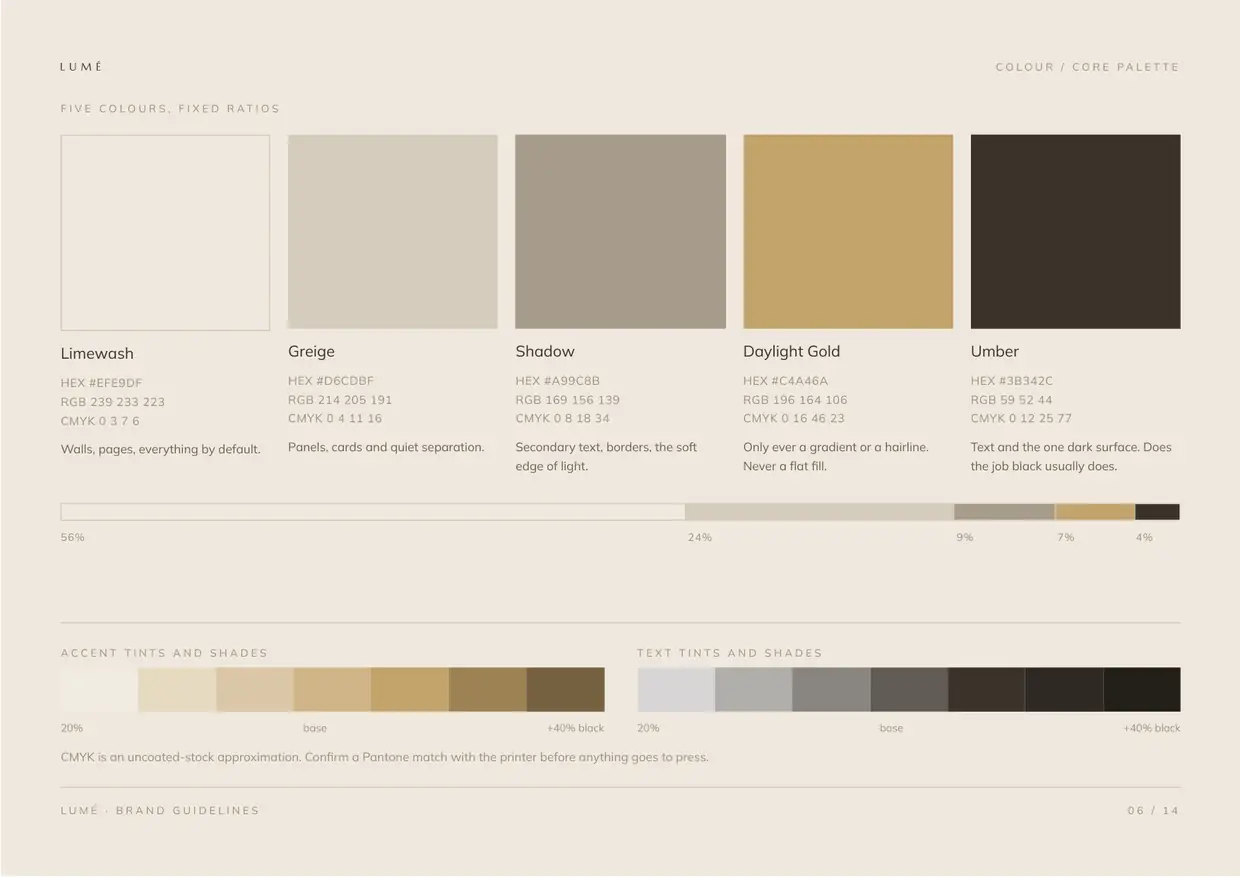 Lumé brand guidelines, page 6: Colour, the palette