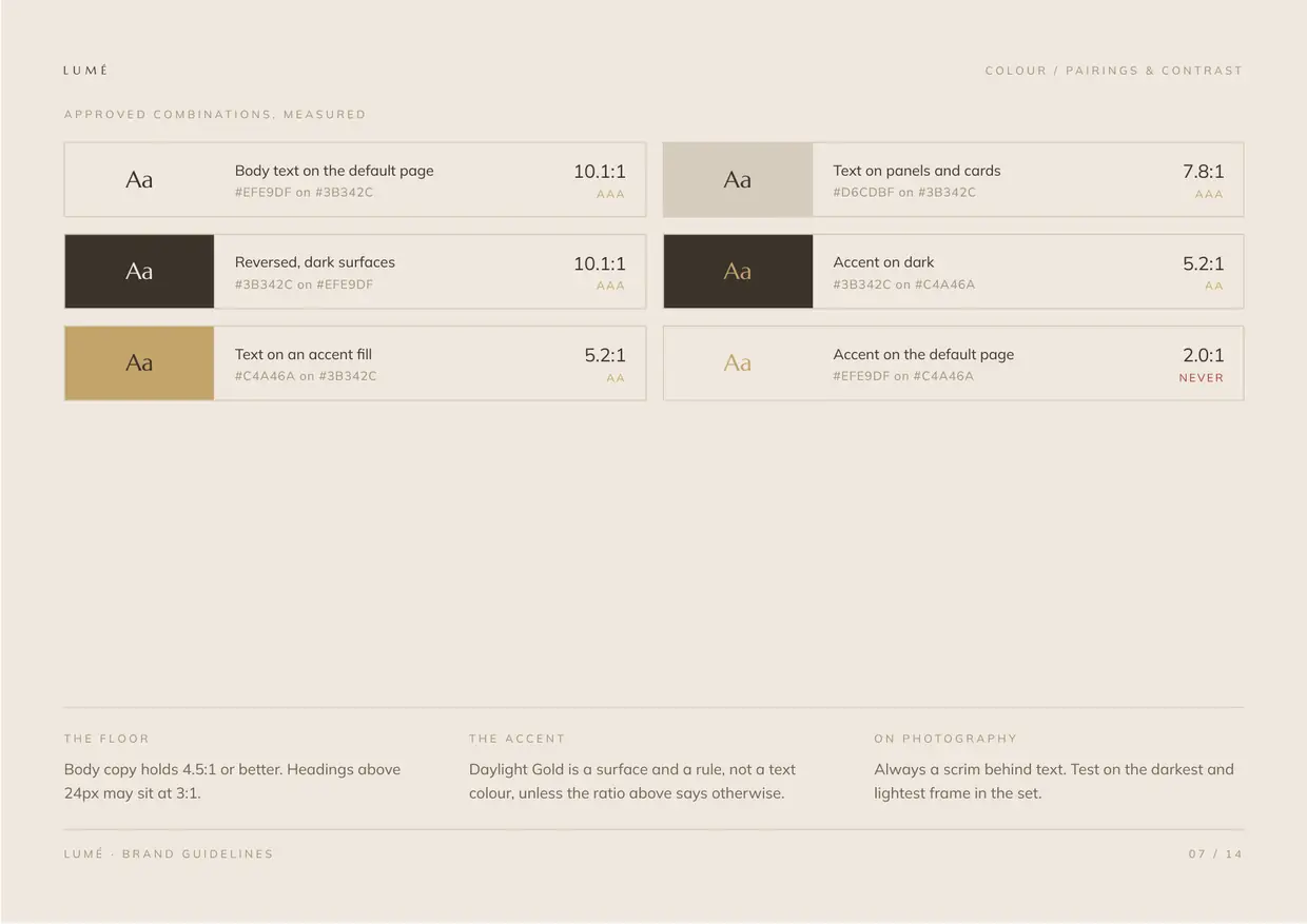Lumé brand guidelines, page 7: Colour, contrast
