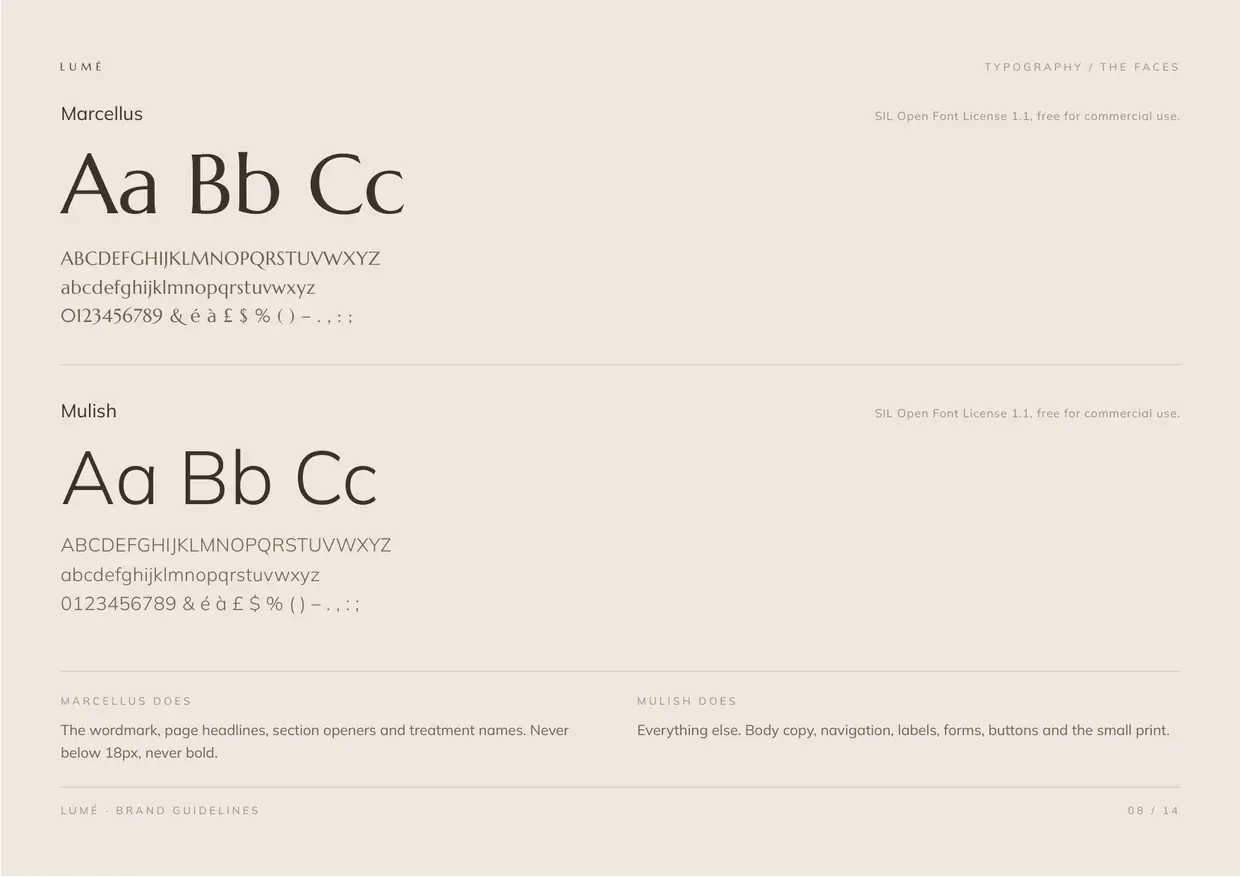 Lumé brand guidelines, page 8: Type, the faces