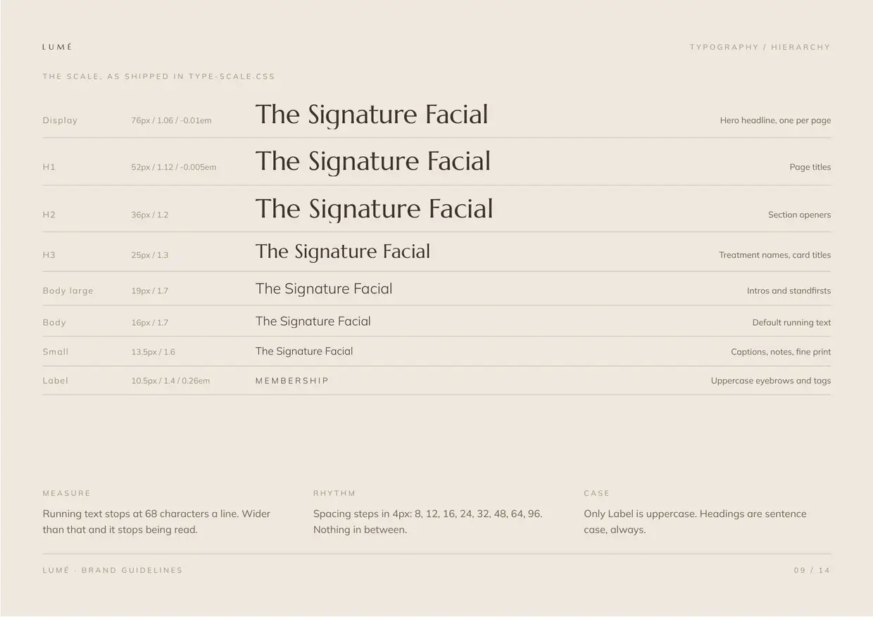 Lumé brand guidelines, page 9: Type, hierarchy