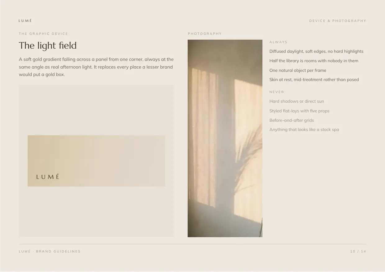 Lumé brand guidelines, page 10: Device and photography