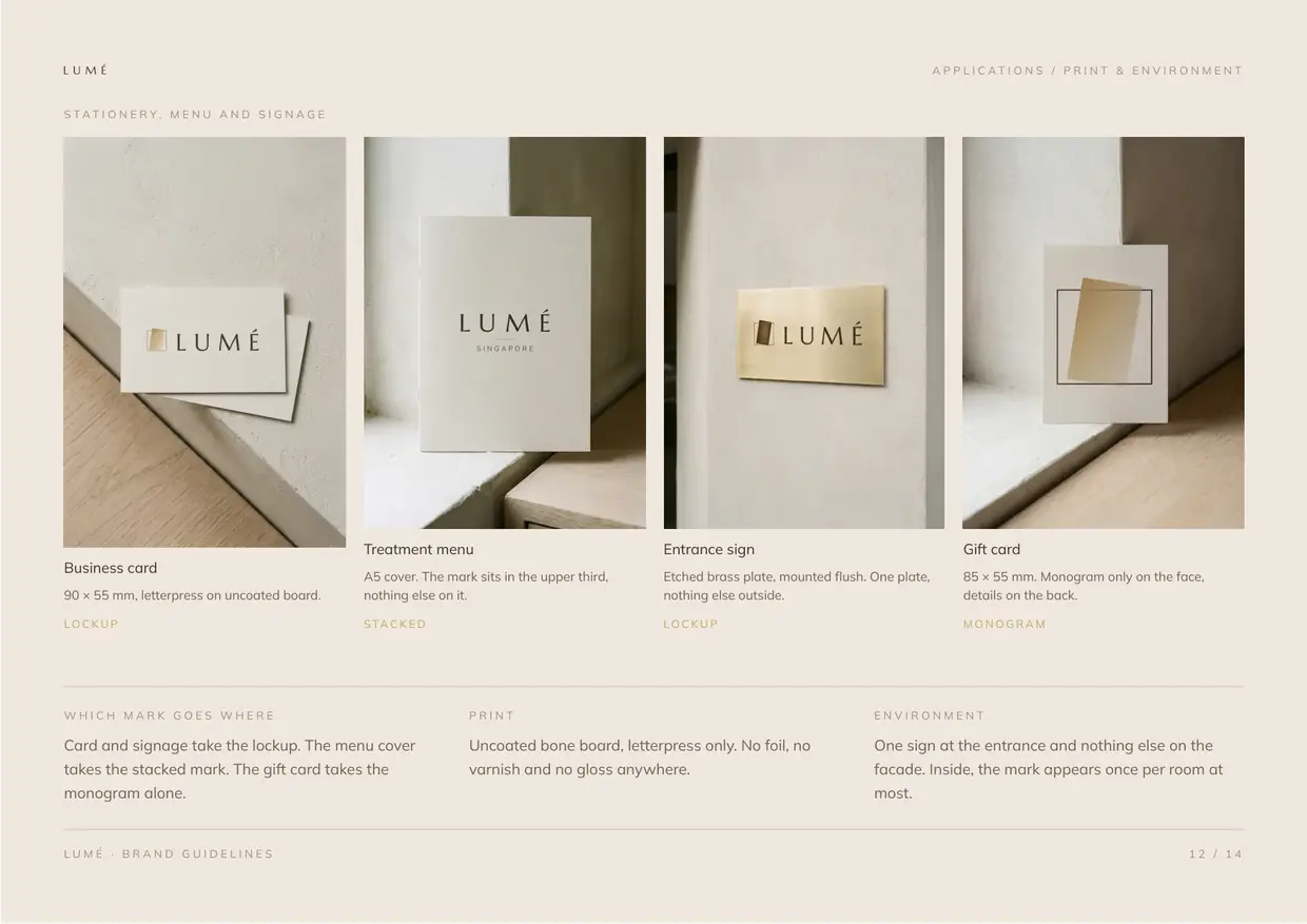 Lumé brand guidelines, page 12: Applications, print
