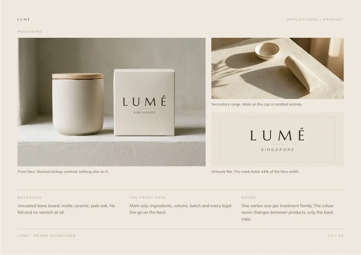 Lumé brand guidelines, page 13: Applications, product