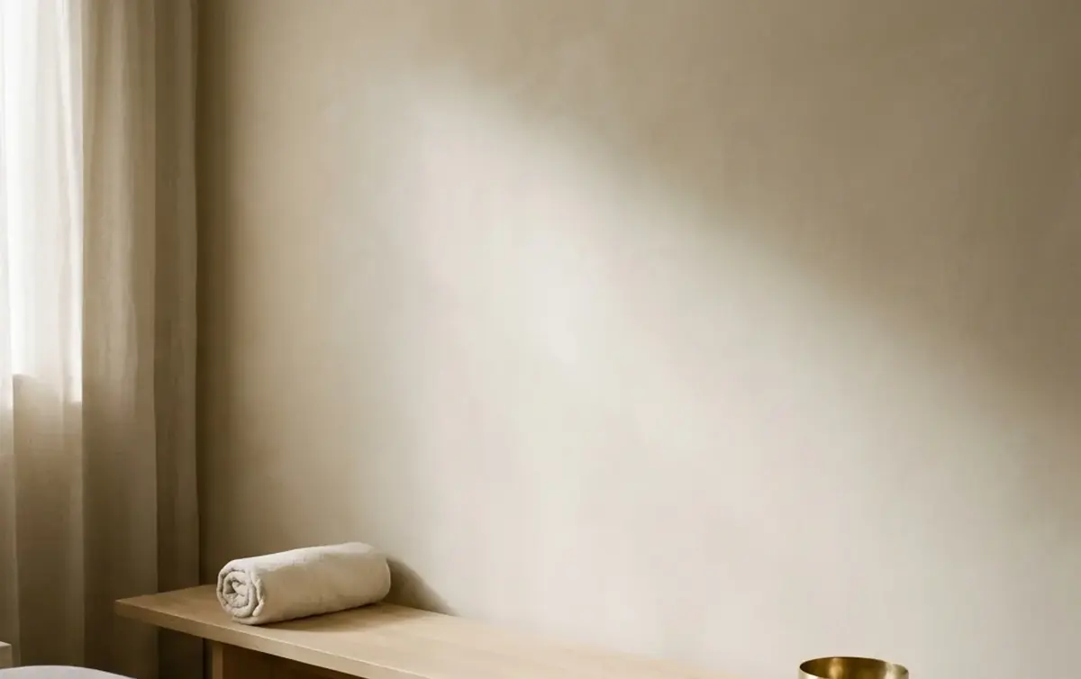 An empty treatment room in diffused daylight, sheer linen curtain, pale oak bench and a stone basin