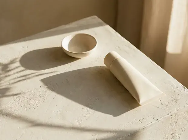 Two pale dropper bottles on a linen surface in diffused light