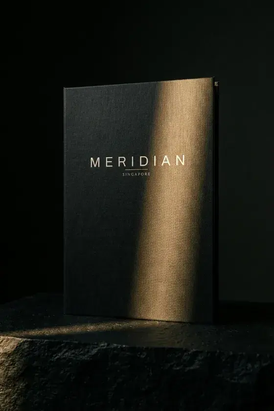 Meridian treatment menu, A5, matte black cover with the stacked mark in the upper third