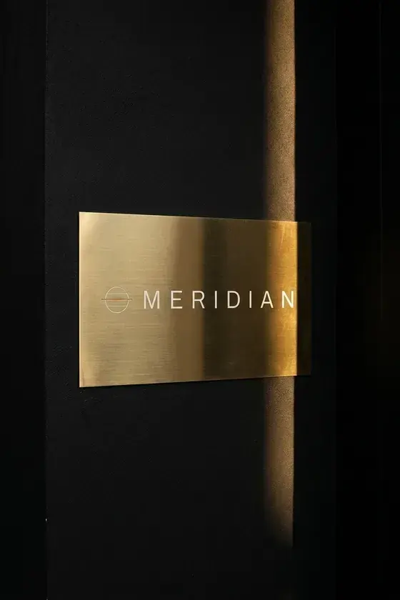 Etched brass Meridian plate mounted flush on a dark facade