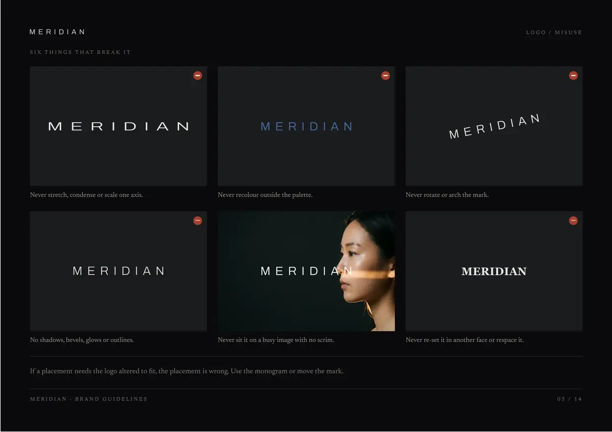 Meridian brand guidelines, page 5: Logo, misuse
