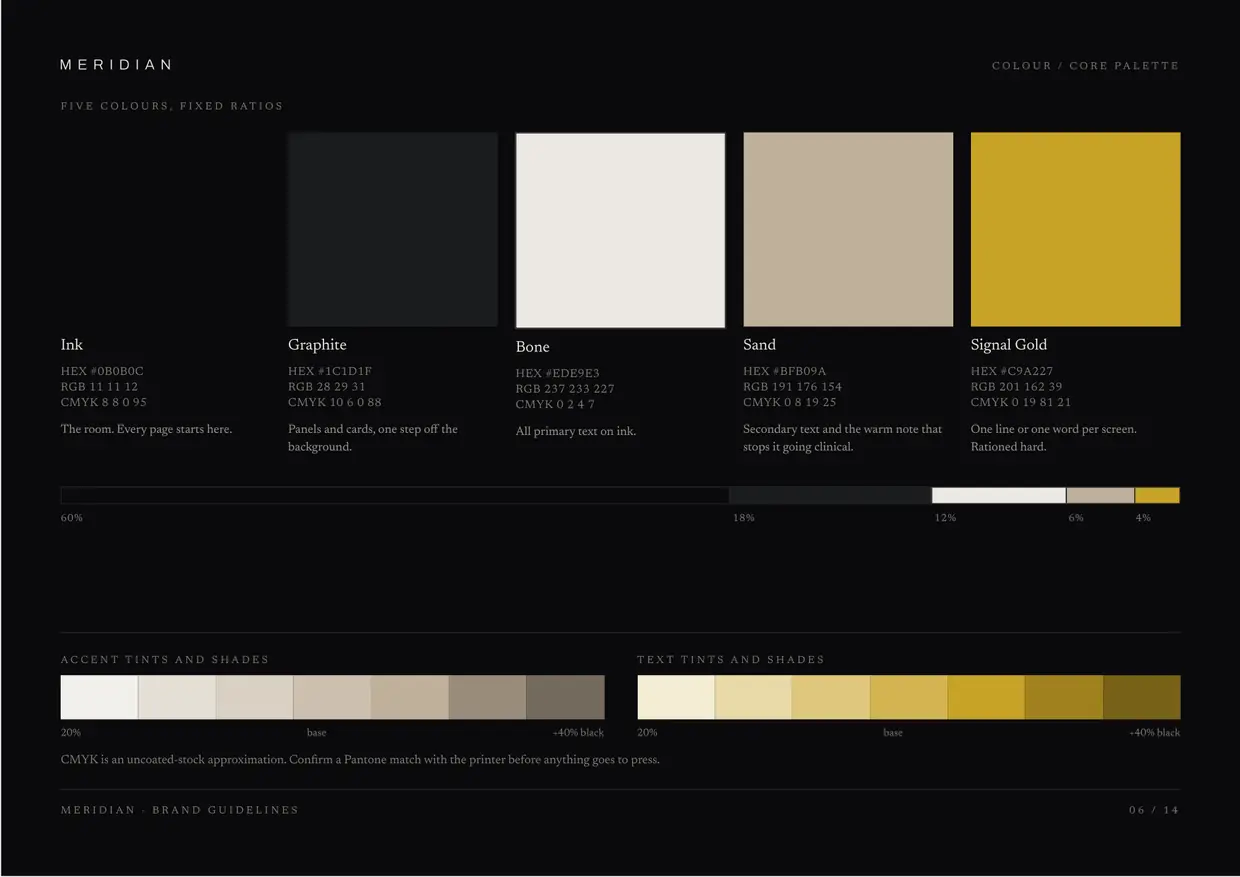Meridian brand guidelines, page 6: Colour, the palette