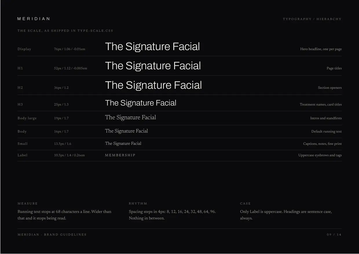 Meridian brand guidelines, page 9: Type, hierarchy