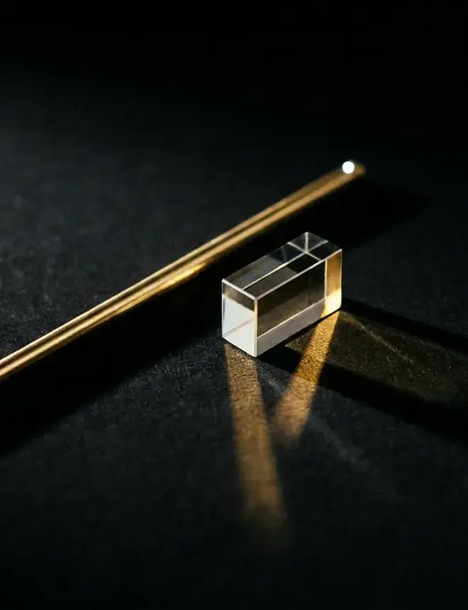 Macro still life of a polished brass rod and optical glass catching a gold streak of light on black