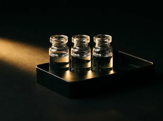 Two dark dropper bottles with gold collars on a black surface