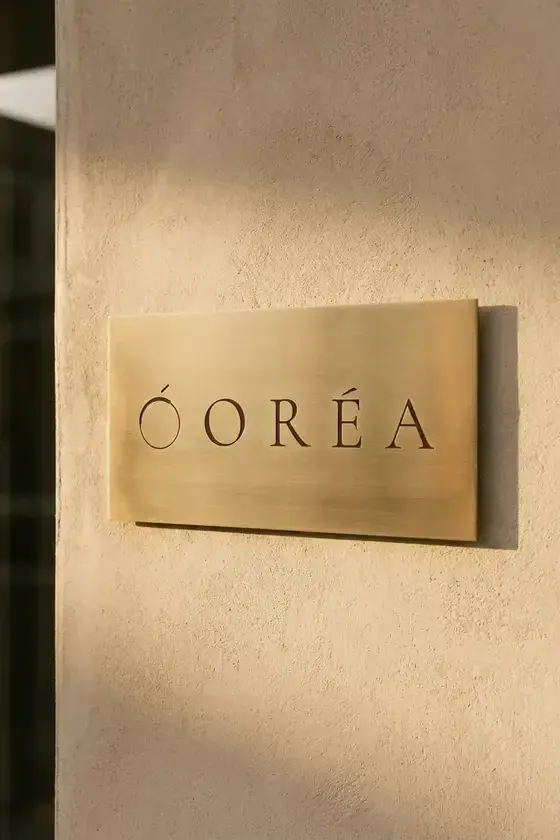 Etched brass Oréa plate mounted flush on a plaster facade