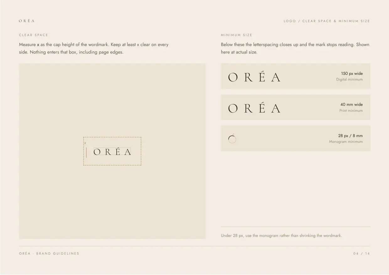 Oréa brand guidelines, page 4: Logo, clear space
