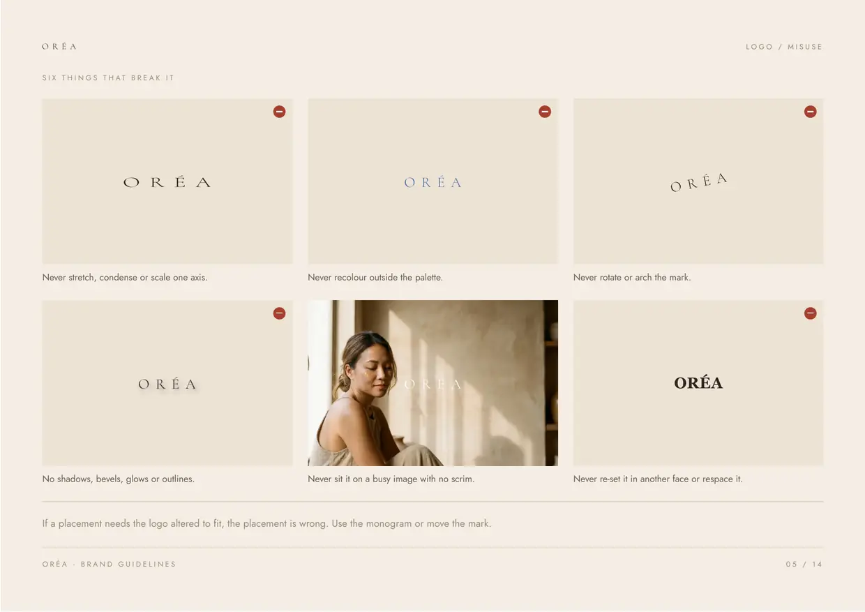 Oréa brand guidelines, page 5: Logo, misuse