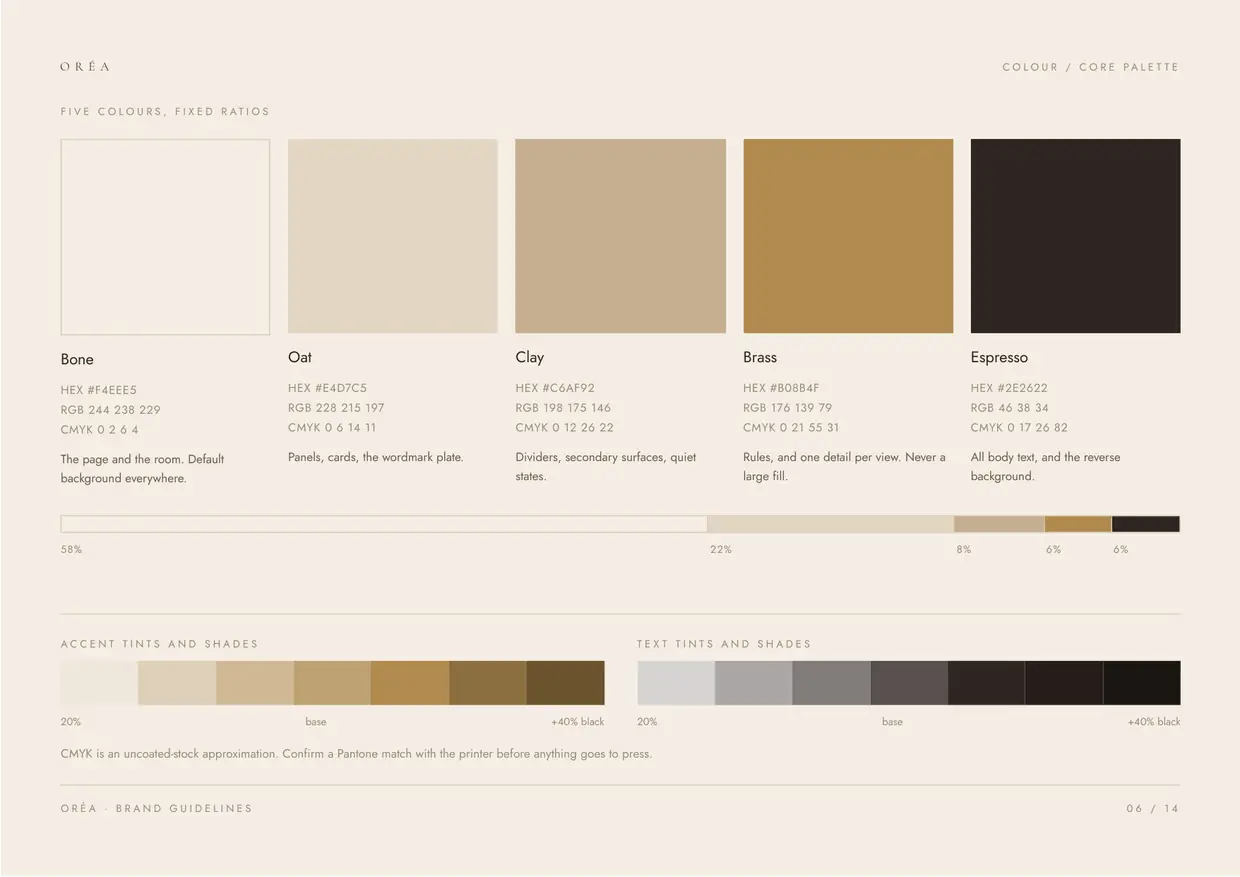 Oréa brand guidelines, page 6: Colour, the palette