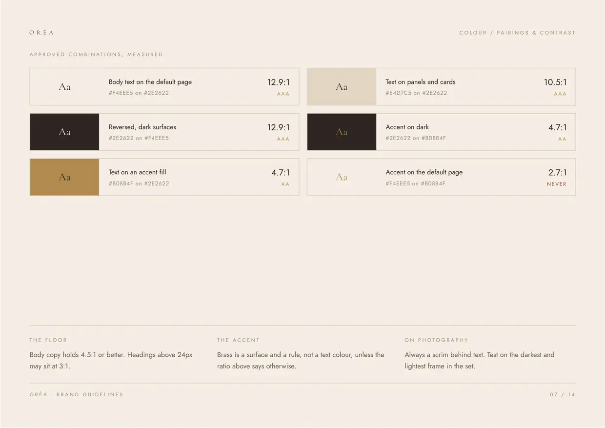 Oréa brand guidelines, page 7: Colour, contrast