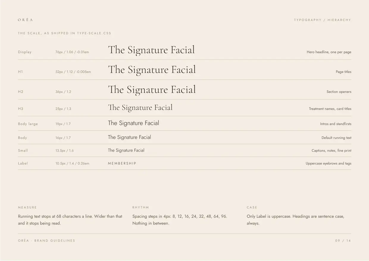 Oréa brand guidelines, page 9: Type, hierarchy