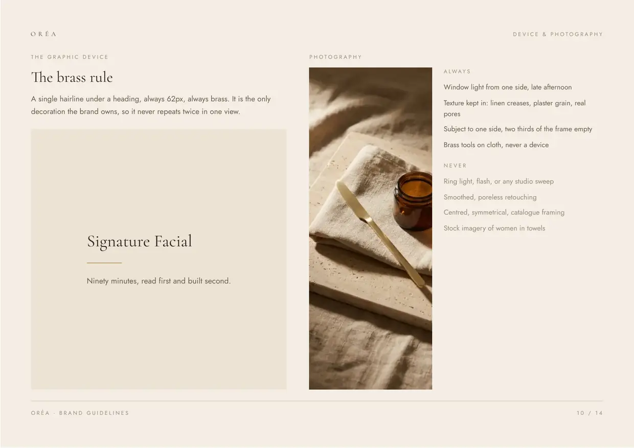 Oréa brand guidelines, page 10: Device and photography