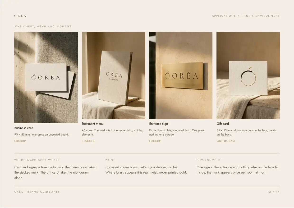 Oréa brand guidelines, page 12: Applications, print