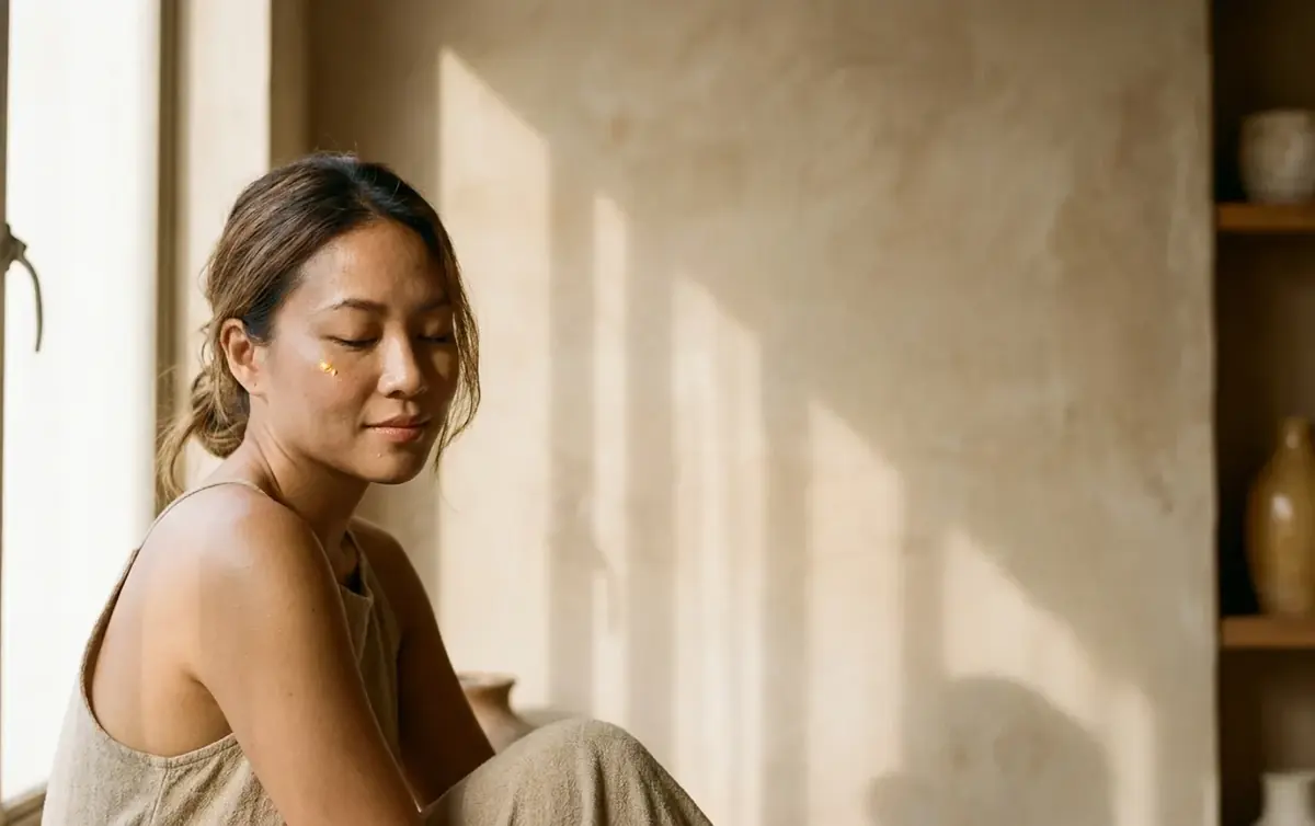Warm atelier daylight falling across a woman with bare shoulders and eyes closed, against a sand plaster wall