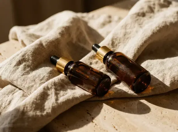 Two unlabelled amber dropper bottles with brass collars lying on linen