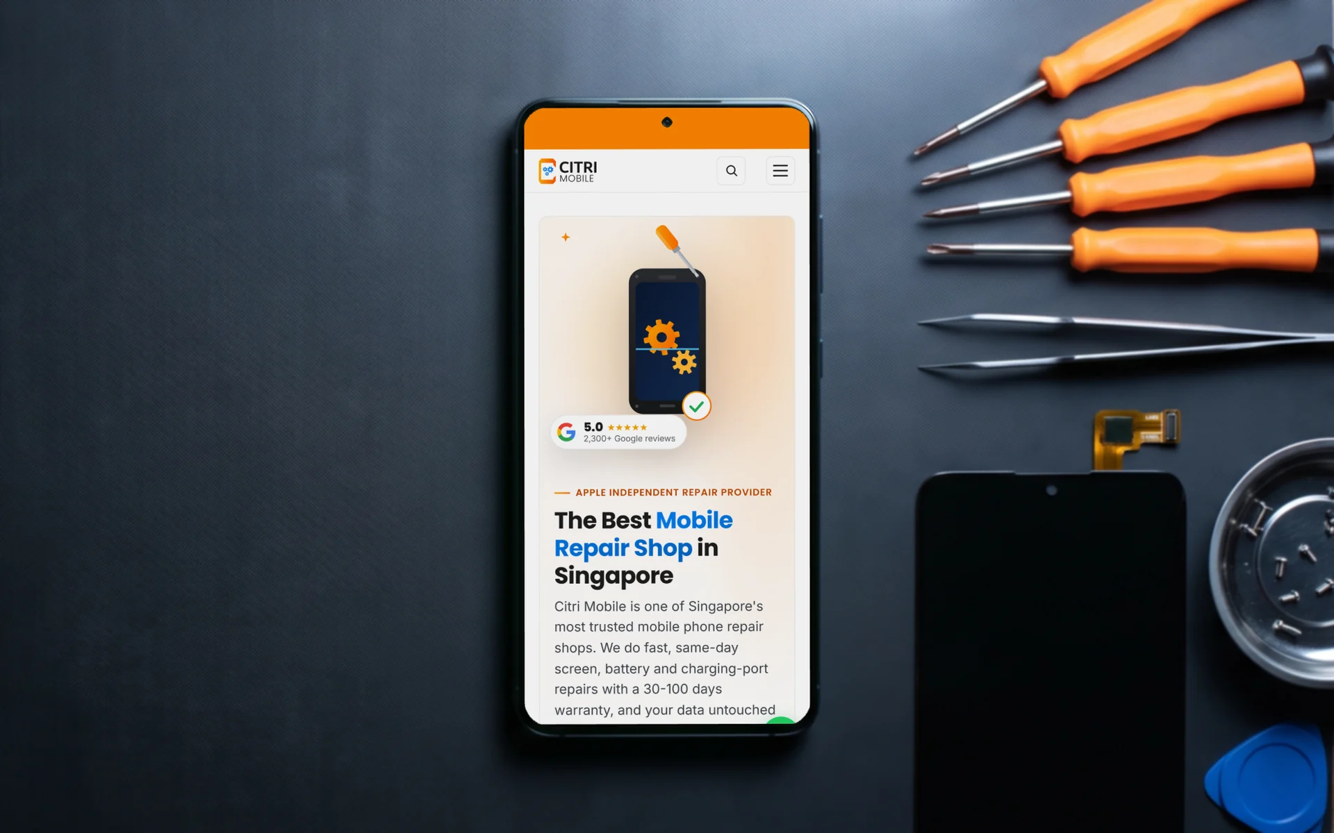 Citri Mobile mobile site, "The Best Mobile Repair Shop in Singapore" under its Apple Independent Repair Provider tag, on a phone lying on a dark anti-static repair mat beside orange-handled screwdrivers, tweezers and a spare screen