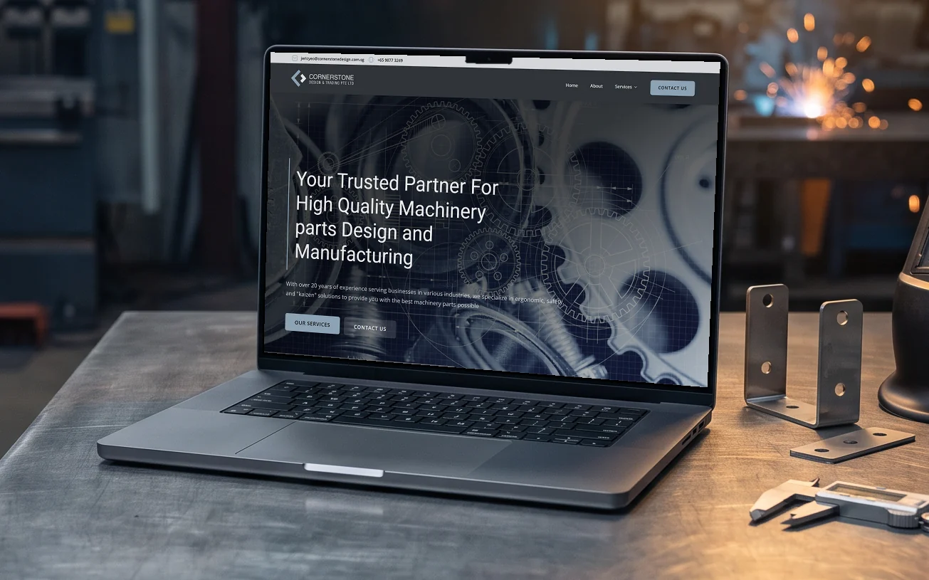 Cornerstone Design homepage, "Your Trusted Partner For High Quality Machinery parts Design and Manufacturing" over a blue technical drawing of gears, on a laptop on a steel workbench in a fabrication workshop beside sheet-metal brackets and a welding helmet