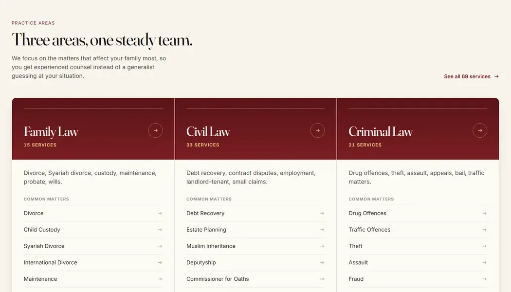 The new site: Practice areas, under the first screen