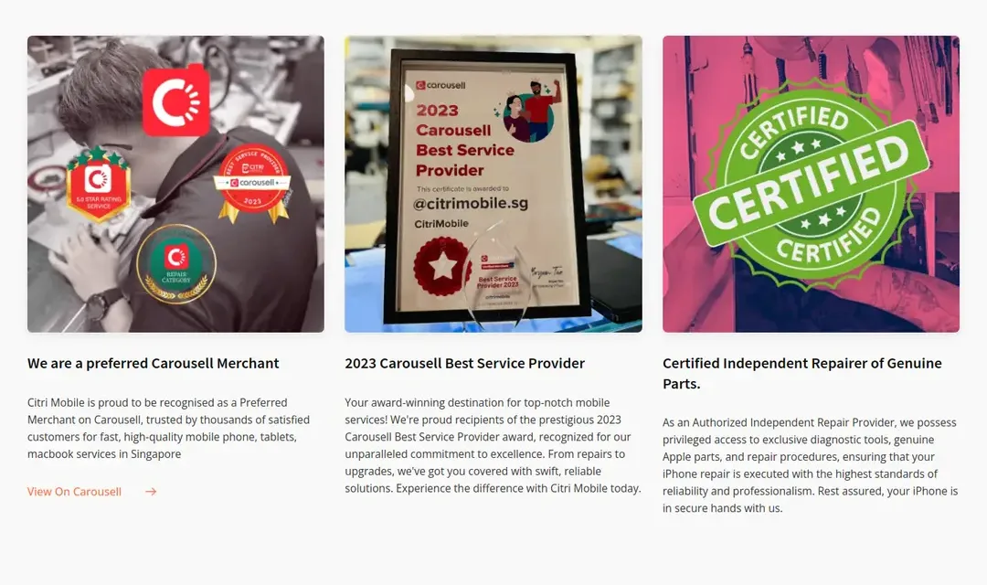 The new site: The awards and certification, halfway down the homepage