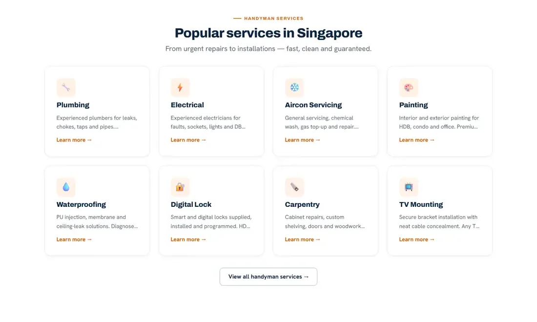 The new site: Popular services, under the first screen