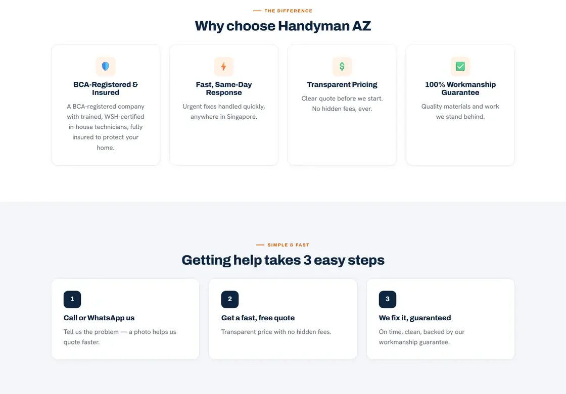 The new site: Why choose Handyman AZ, and the three steps under it