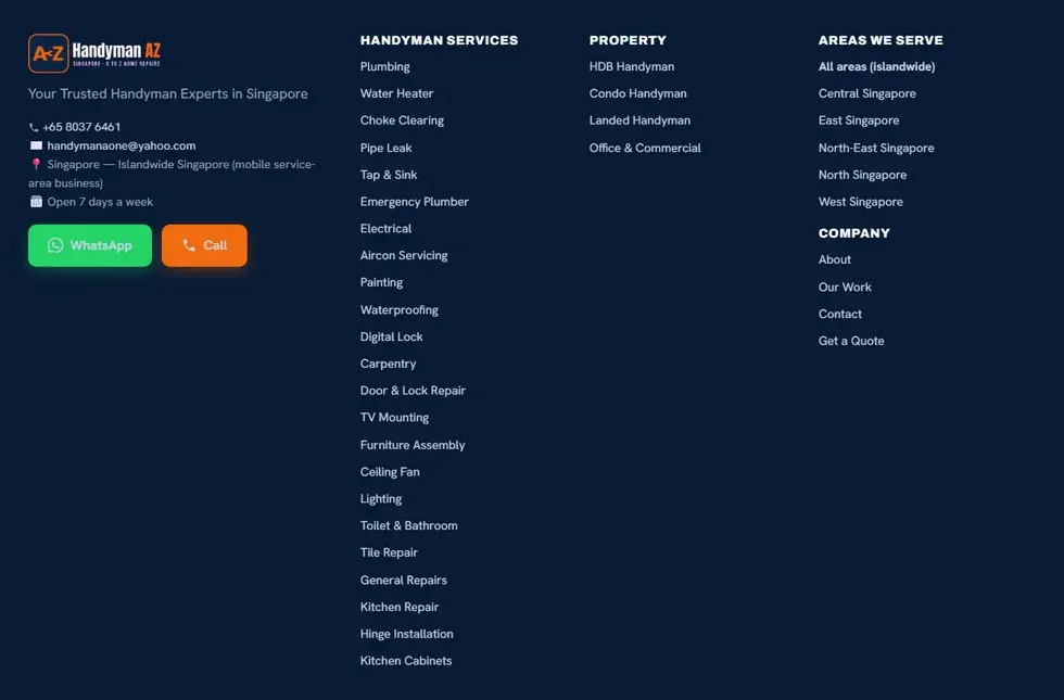 The new site: The footer's services, property types and areas