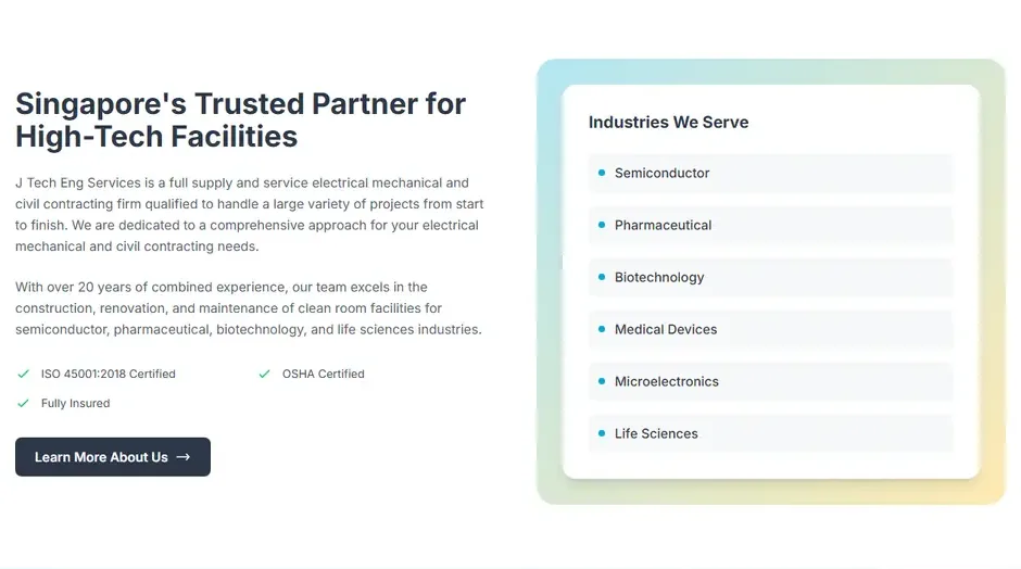 The new site: The industries card, beside the company's story