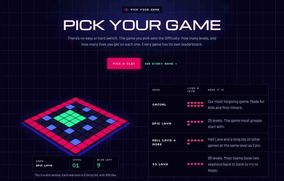 The new site: Pick Your Game, halfway down the homepage