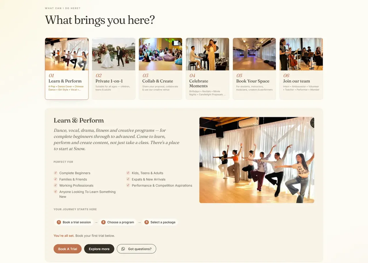 The new site: What Brings You Here?, one screen down