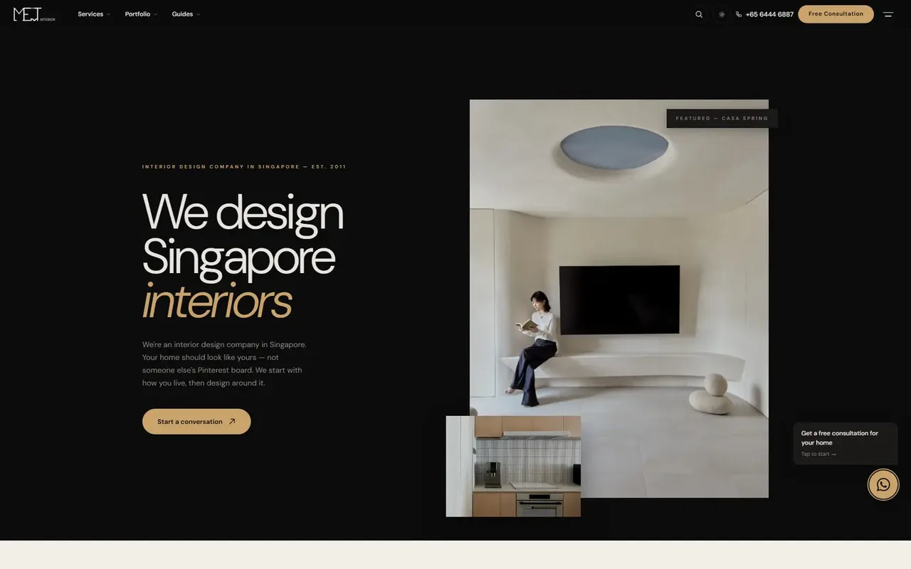 The new site: The first screen on desktop, in dark mode