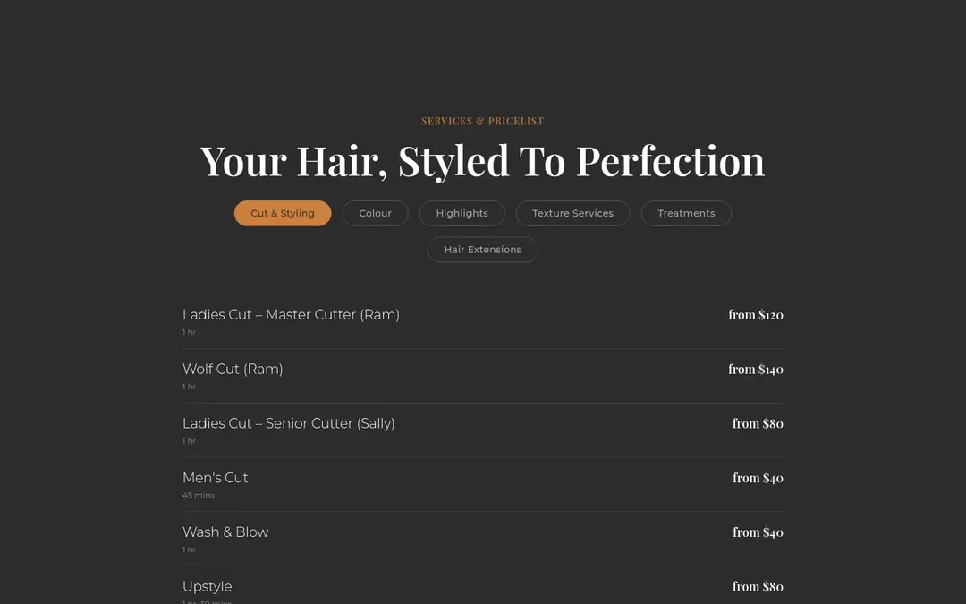 The new site: The price list, a tab for each kind of service